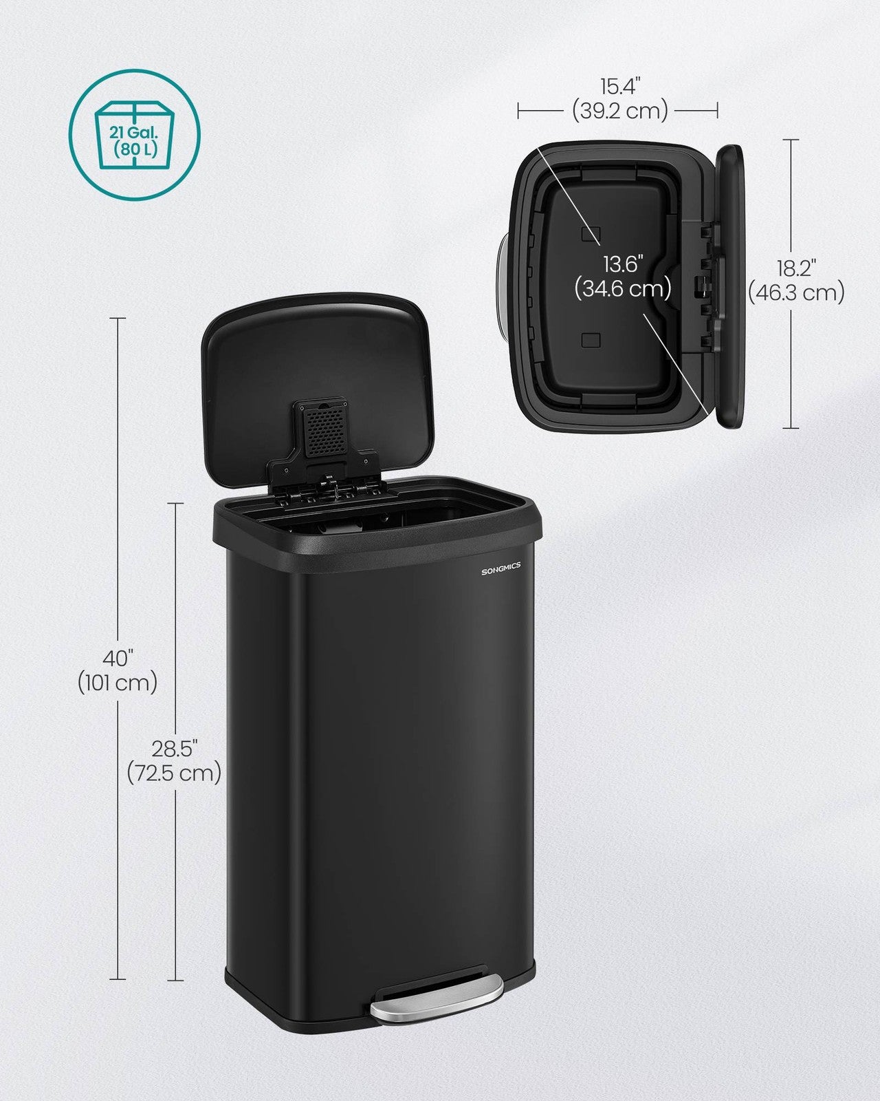 SONGMICS 21-Gallon Stainless Steel Pedal Trash Can with Soft-Close Lid – Black
