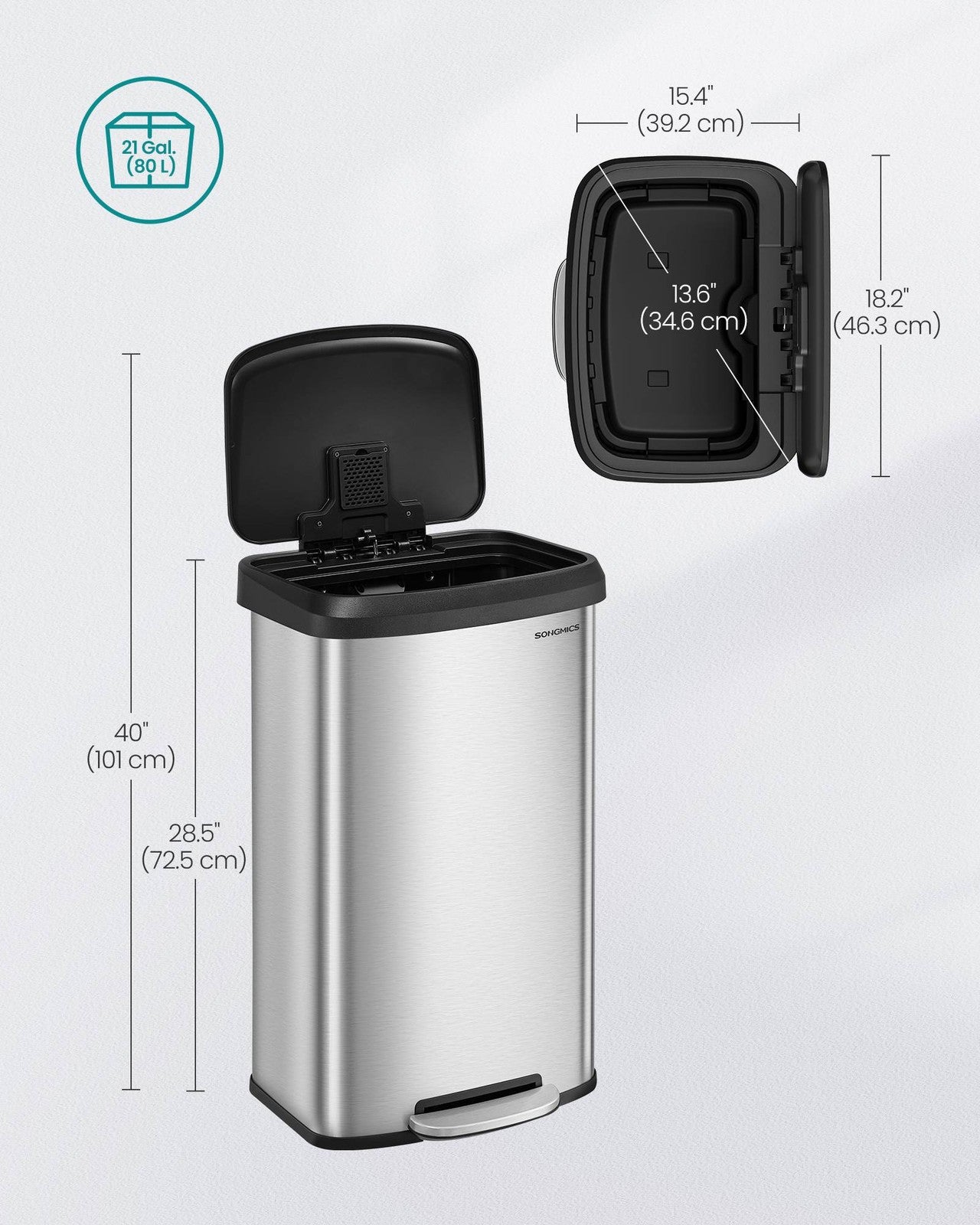 SONGMICS 21 Gallon (80 L) Stainless Steel Garbage Can – Silver, Black