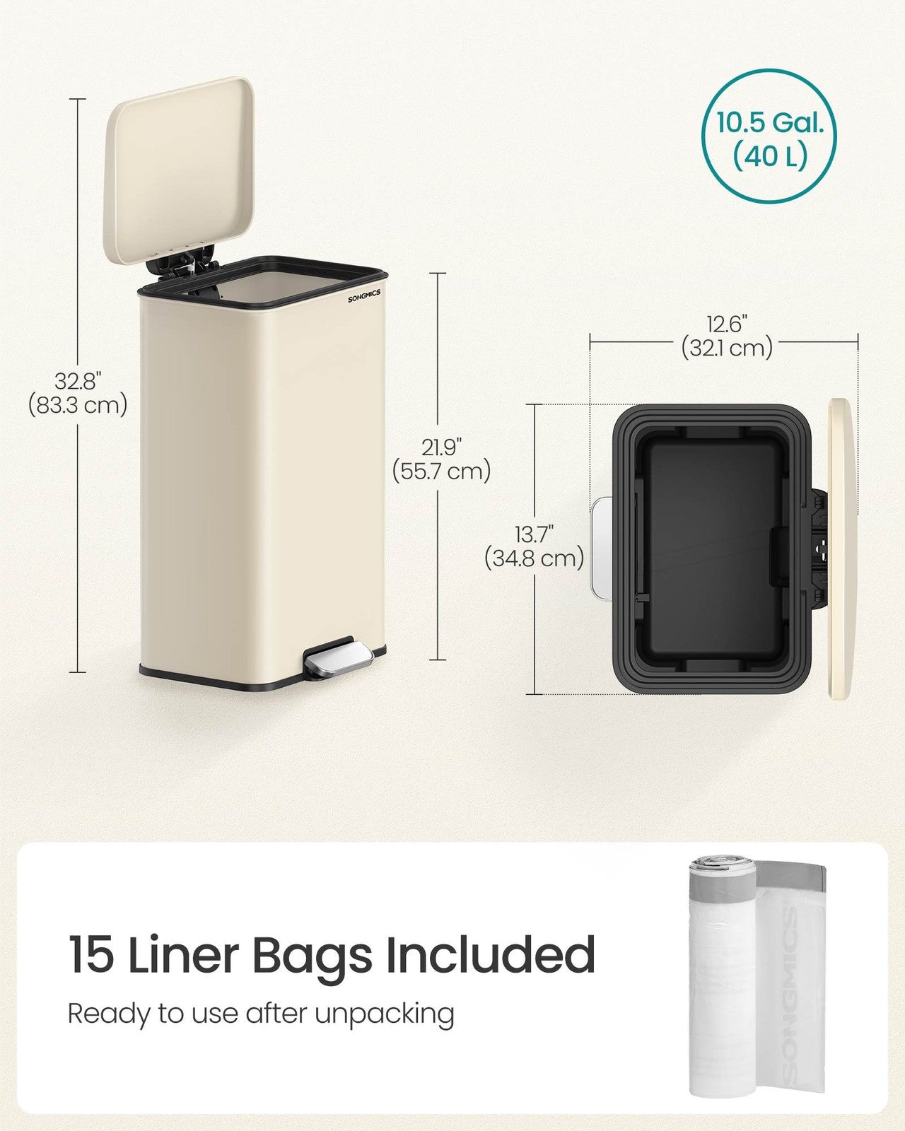 SONGMICS 10.5 Gallon Kitchen Trash Can with Lid – Sand Beige