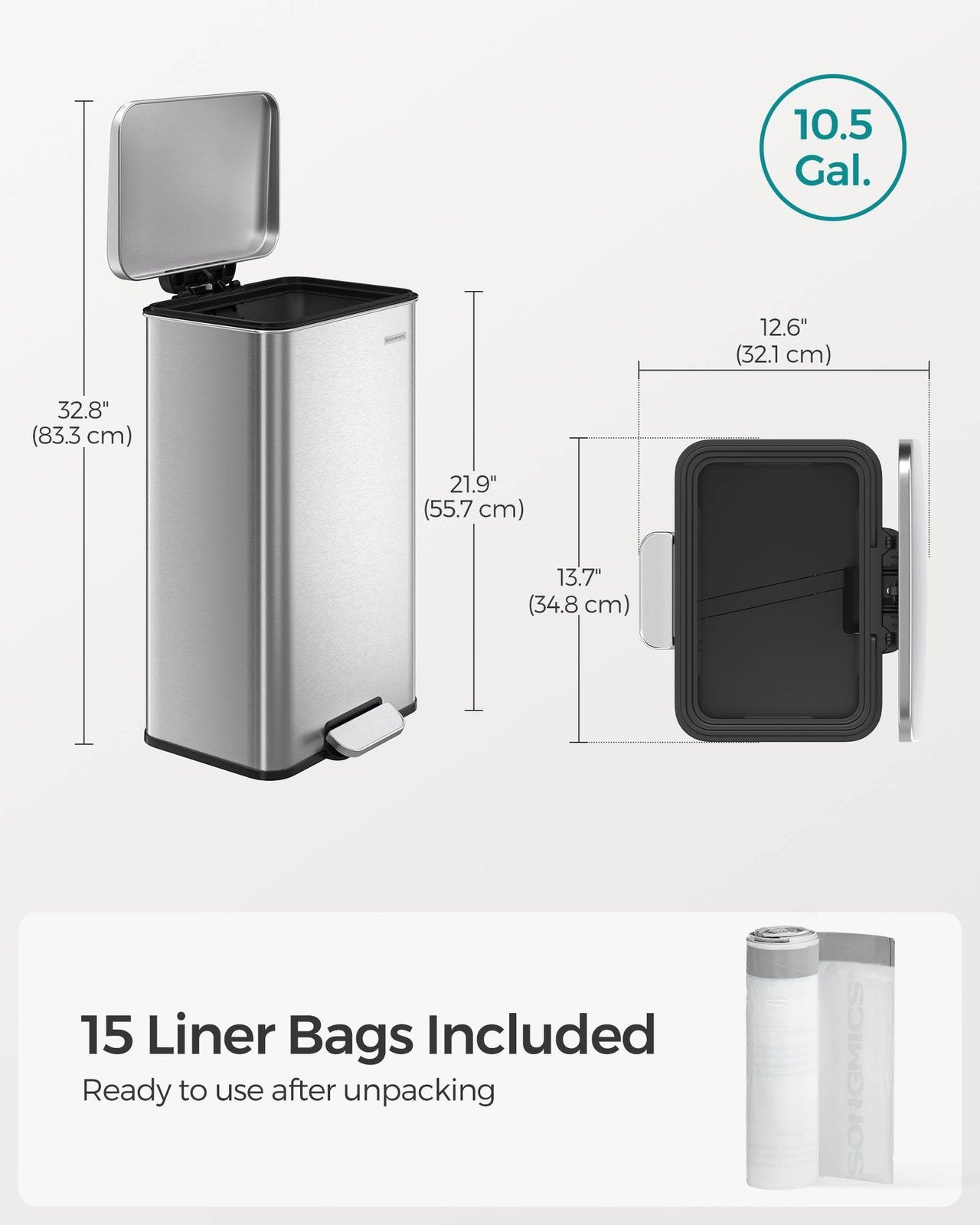 SONGMICS 10.5 Gallon Kitchen Trash Can with Lid – Silver