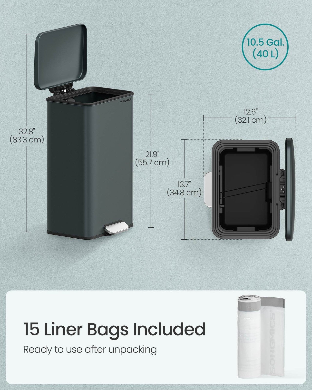 SONGMICS 10.5 Gallon Kitchen Trash Can with Lid – Charcoal Gray