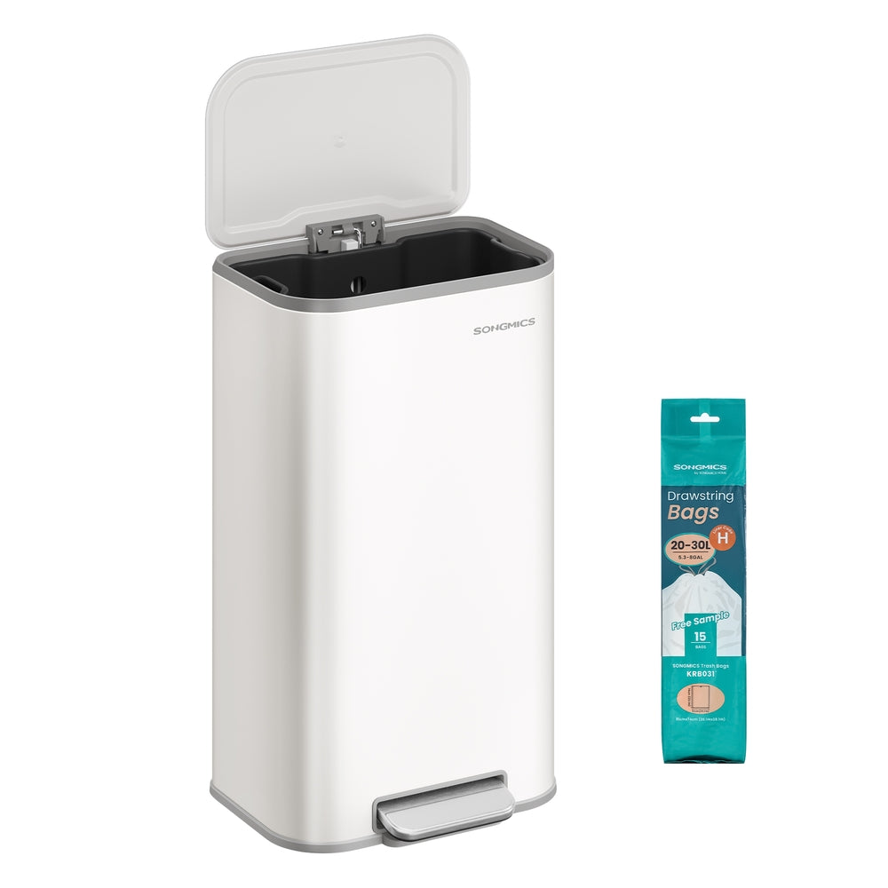 SONGMICS Kitchen Trash Can, 8-Gallon (30 L) Garbage Can with Lid, Stainless Steel – Cloud White
