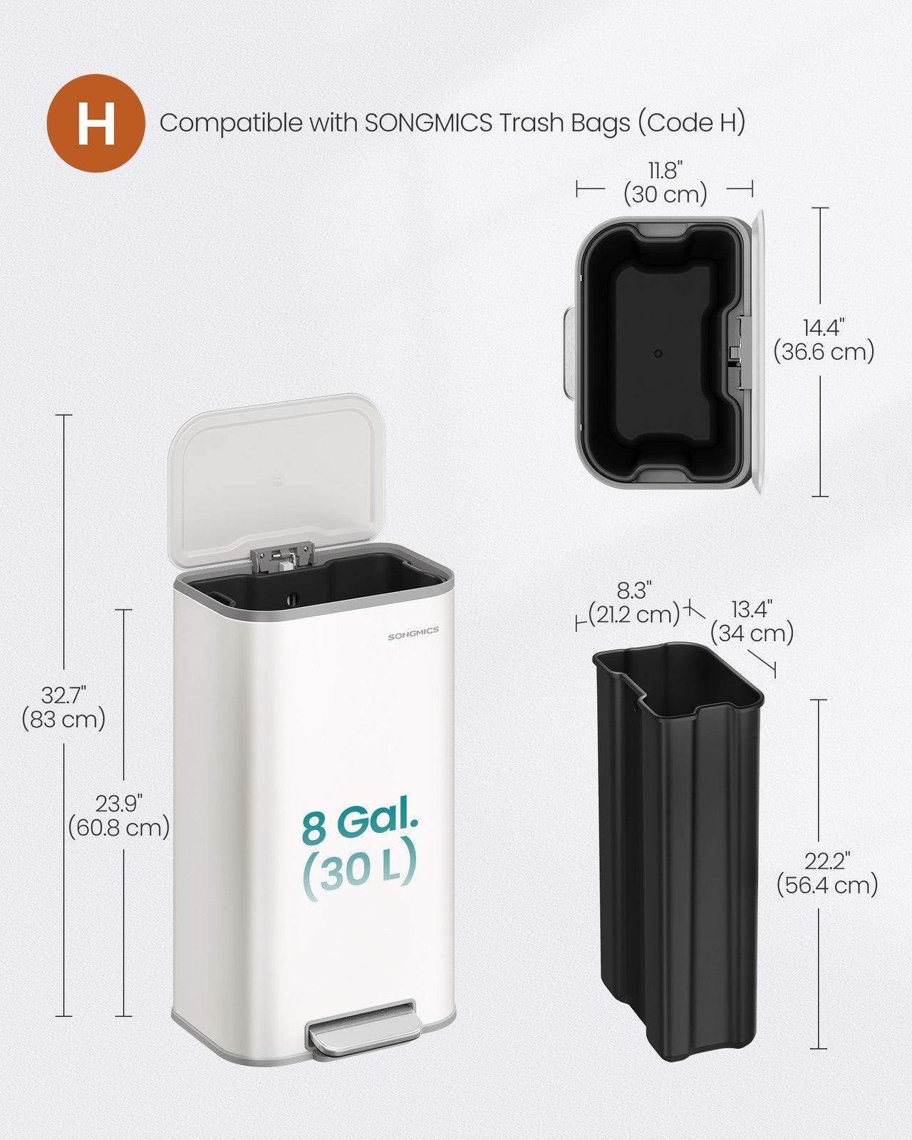 SONGMICS Kitchen Trash Can, 8-Gallon (30 L) Garbage Can with Lid, Stainless Steel – Cloud White