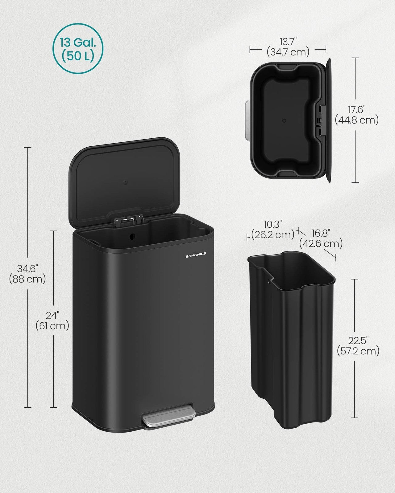SONGMICS 13-Gallon (50 L) Trash Can Can with Lid – Ink Black