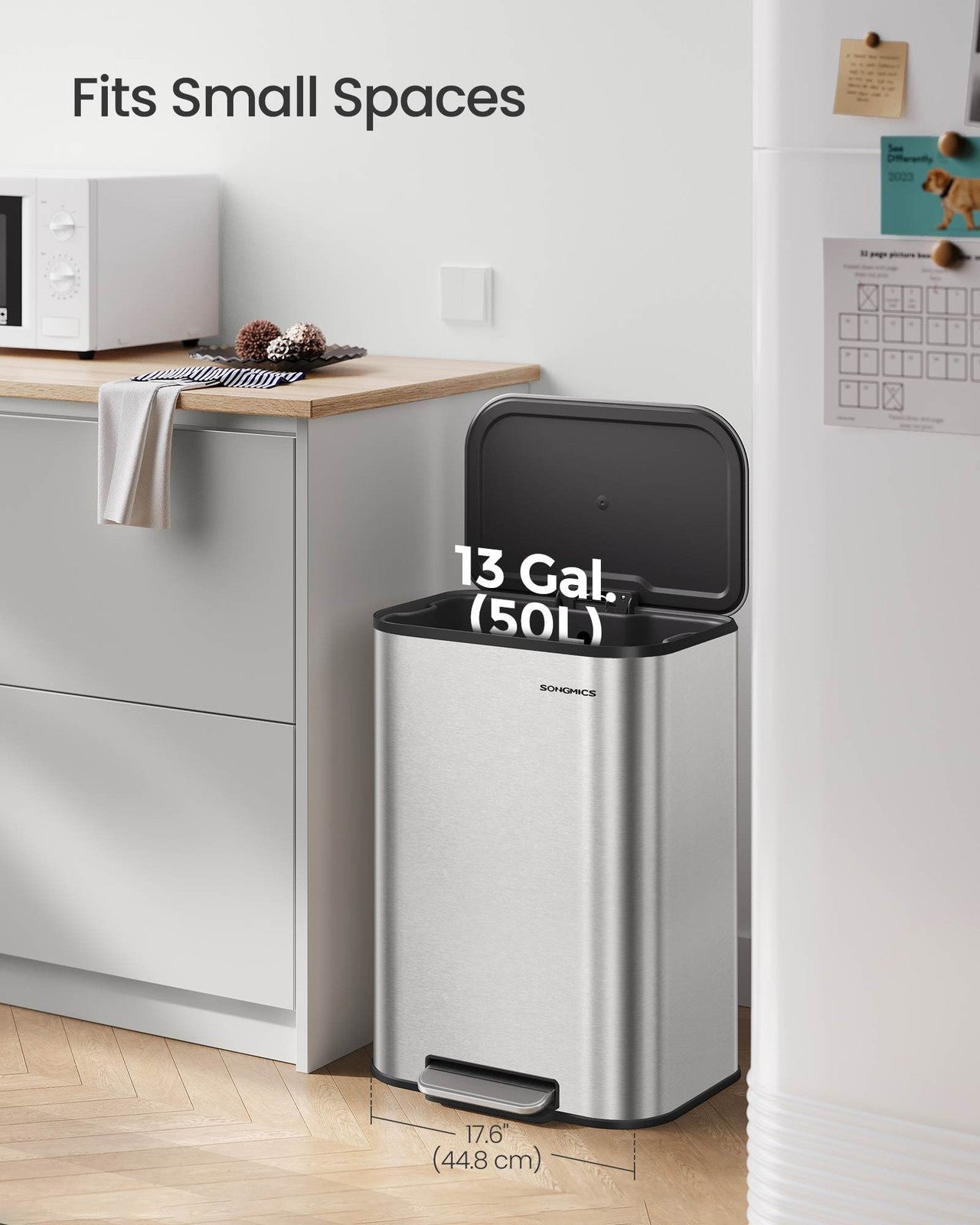 SONGMICS 13-Gallon (50 L) Trash Can Can with Lid – Metallic Silver