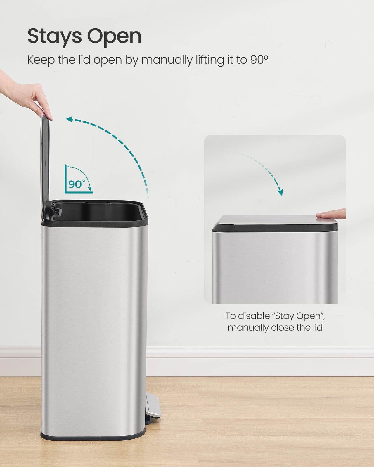SONGMICS 13-Gallon (50 L) Trash Can Can with Lid – Metallic Silver