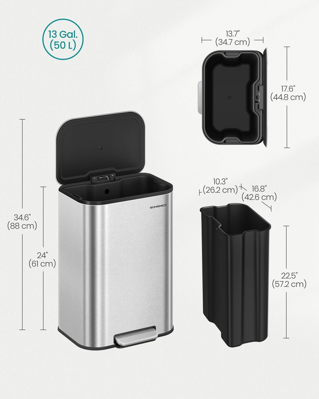 SONGMICS 13-Gallon (50 L) Trash Can Can with Lid – Metallic Silver