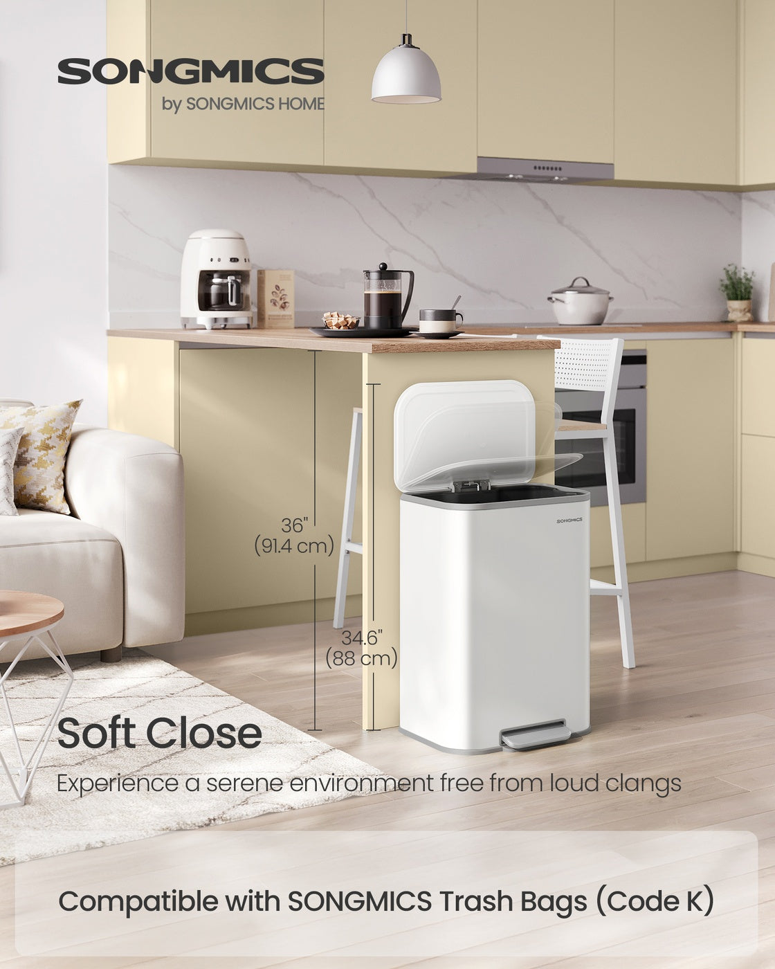 SONGMICS 13-Gallon (50 L) Trash Can Can with Lid – Cloud White