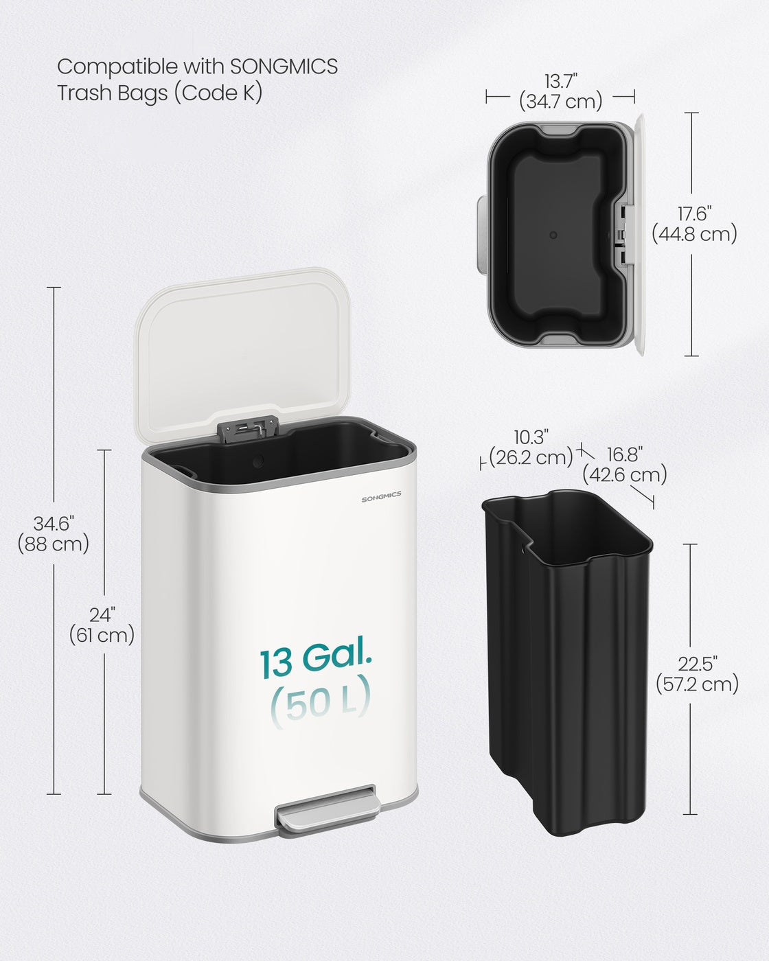 SONGMICS 13-Gallon (50 L) Trash Can Can with Lid – Cloud White