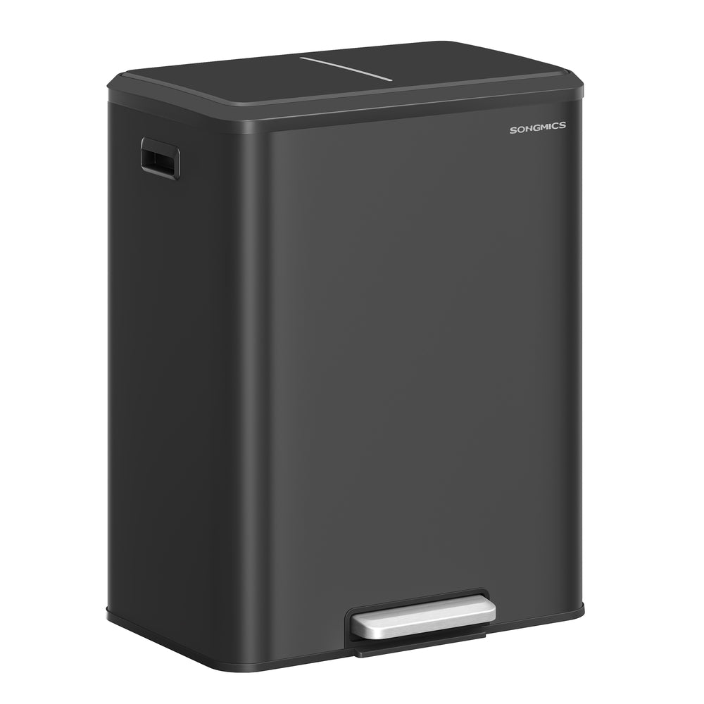 SONGMICS Dual Trash Can, 16 Gallon (2 X 8 Gal), Ink Black, Stainless Steel, Step Pedal, Soft-Close