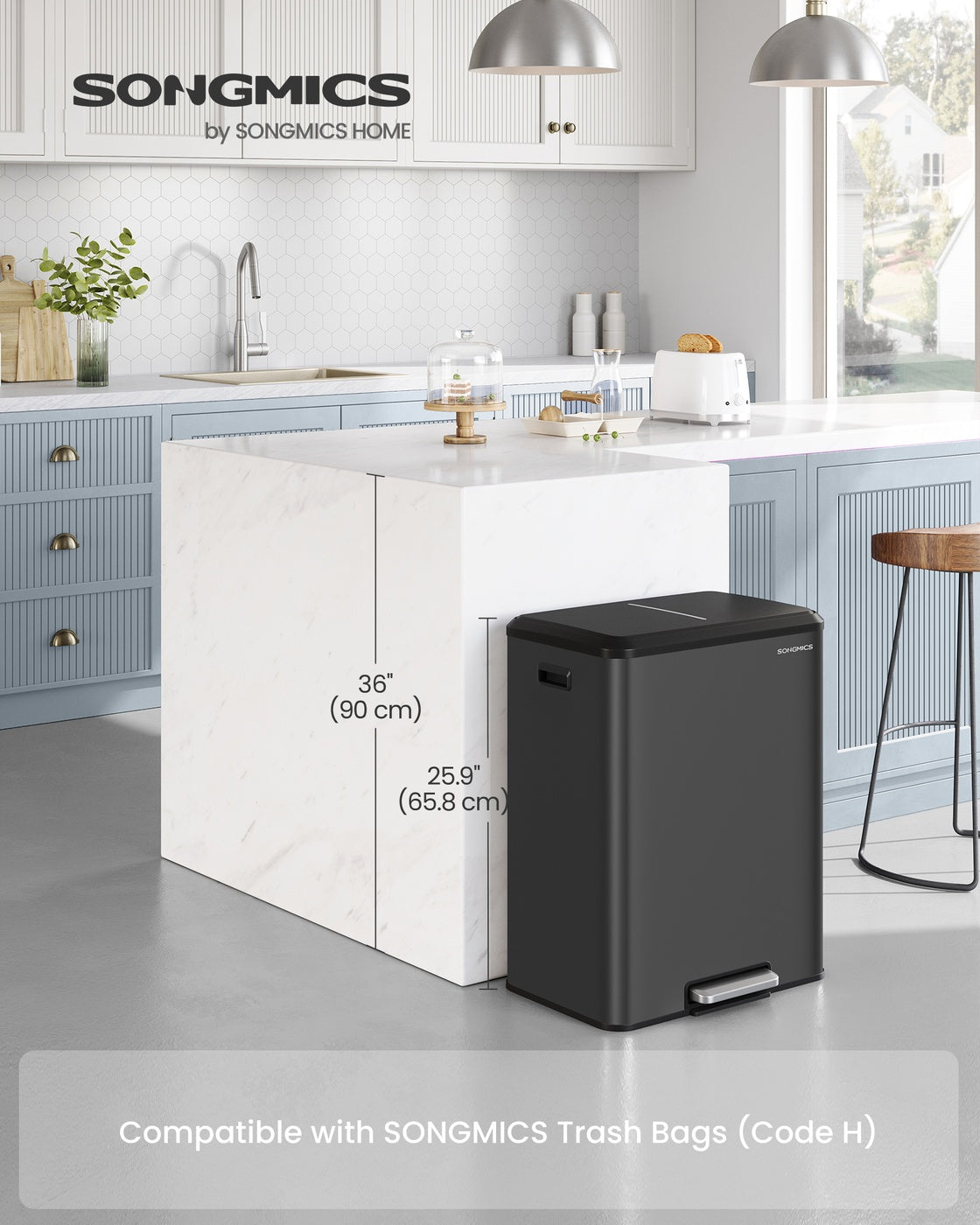 SONGMICS Dual Trash Can, 16 Gallon (2 X 8 Gal), Ink Black, Stainless Steel, Step Pedal, Soft-Close
