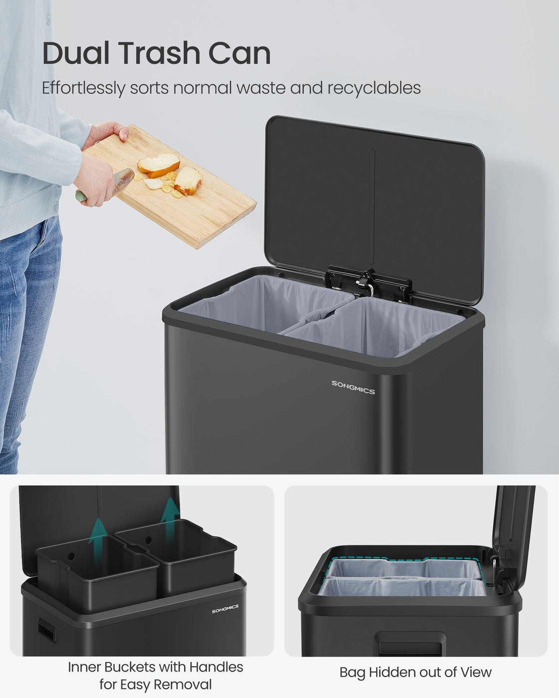 SONGMICS Dual Trash Can, 16 Gallon (2 X 8 Gal), Ink Black, Stainless Steel, Step Pedal, Soft-Close