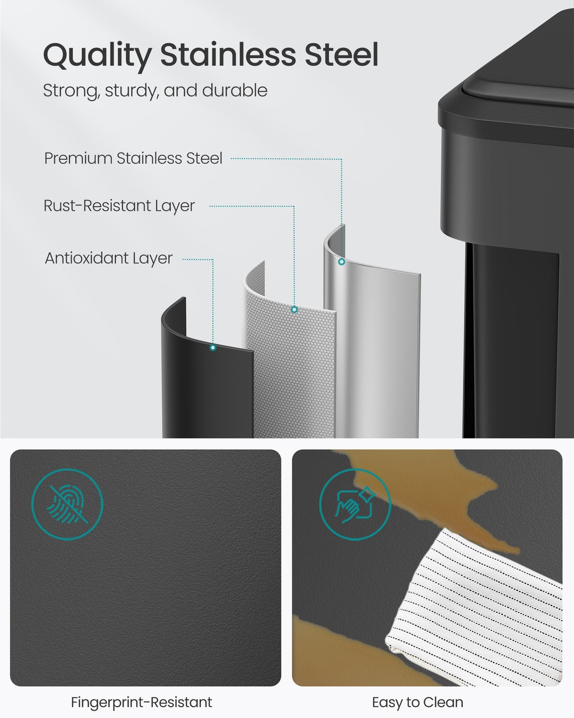 SONGMICS Dual Trash Can, 16 Gallon (2 X 8 Gal), Ink Black, Stainless Steel, Step Pedal, Soft-Close
