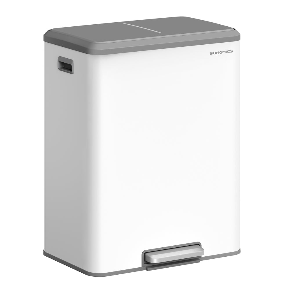 SONGMICS 2 X 8 Gallon (16 Gal) Dual Trash Can, Cloud White, Stainless Steel, Soft-Close, Recycling