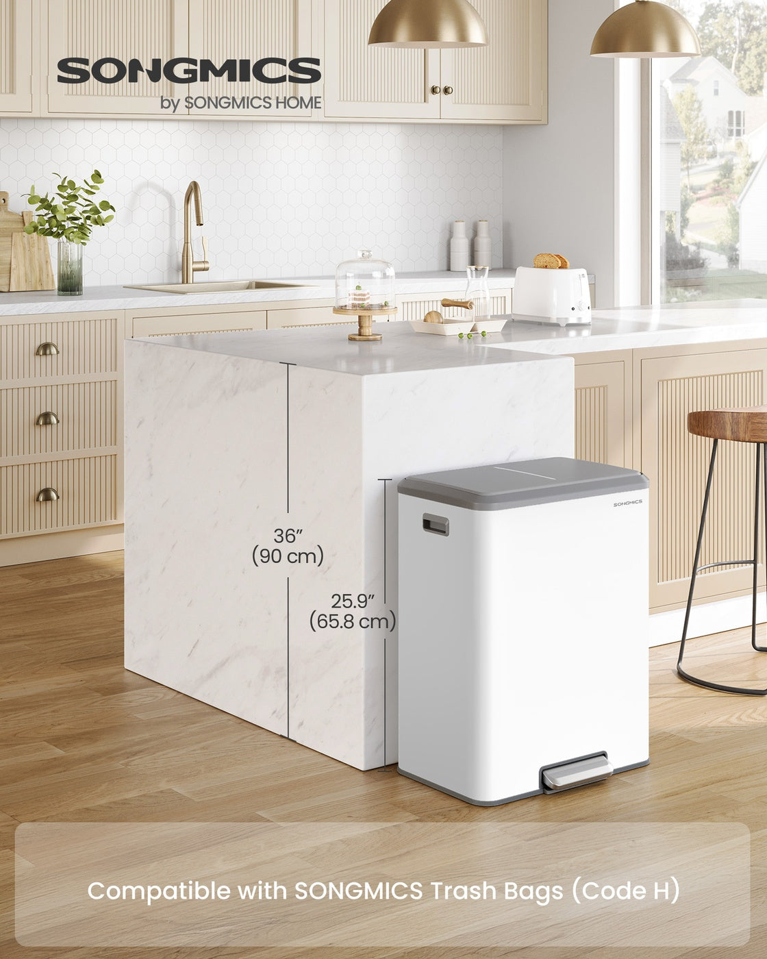 SONGMICS 2 X 8 Gallon (16 Gal) Dual Trash Can, Cloud White, Stainless Steel, Soft-Close, Recycling