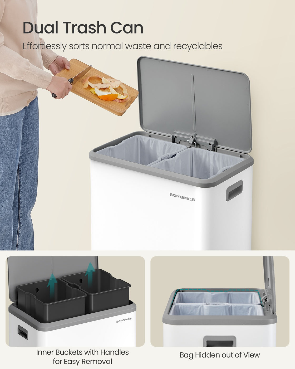 SONGMICS 2 X 8 Gallon (16 Gal) Dual Trash Can, Cloud White, Stainless Steel, Soft-Close, Recycling