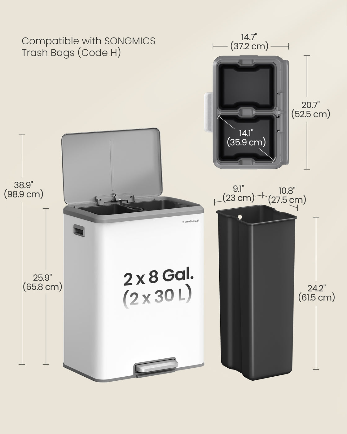 SONGMICS 2 X 8 Gallon (16 Gal) Dual Trash Can, Cloud White, Stainless Steel, Soft-Close, Recycling