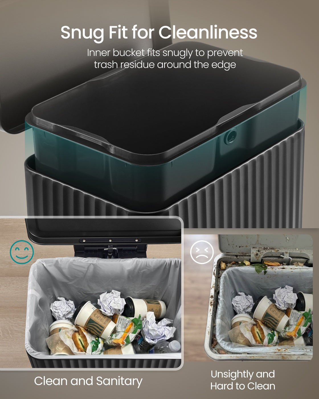 SONGMICS 50 L Stainless Steel Garbage Can with Lid and Removable Inner Bucket Ink Black