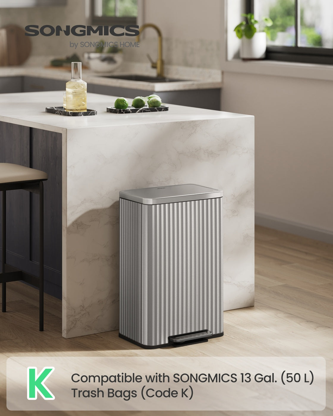 SONGMICS 50 L Stainless Steel Garbage Can with Lid and Removable Inner Bucket Metallic Silver