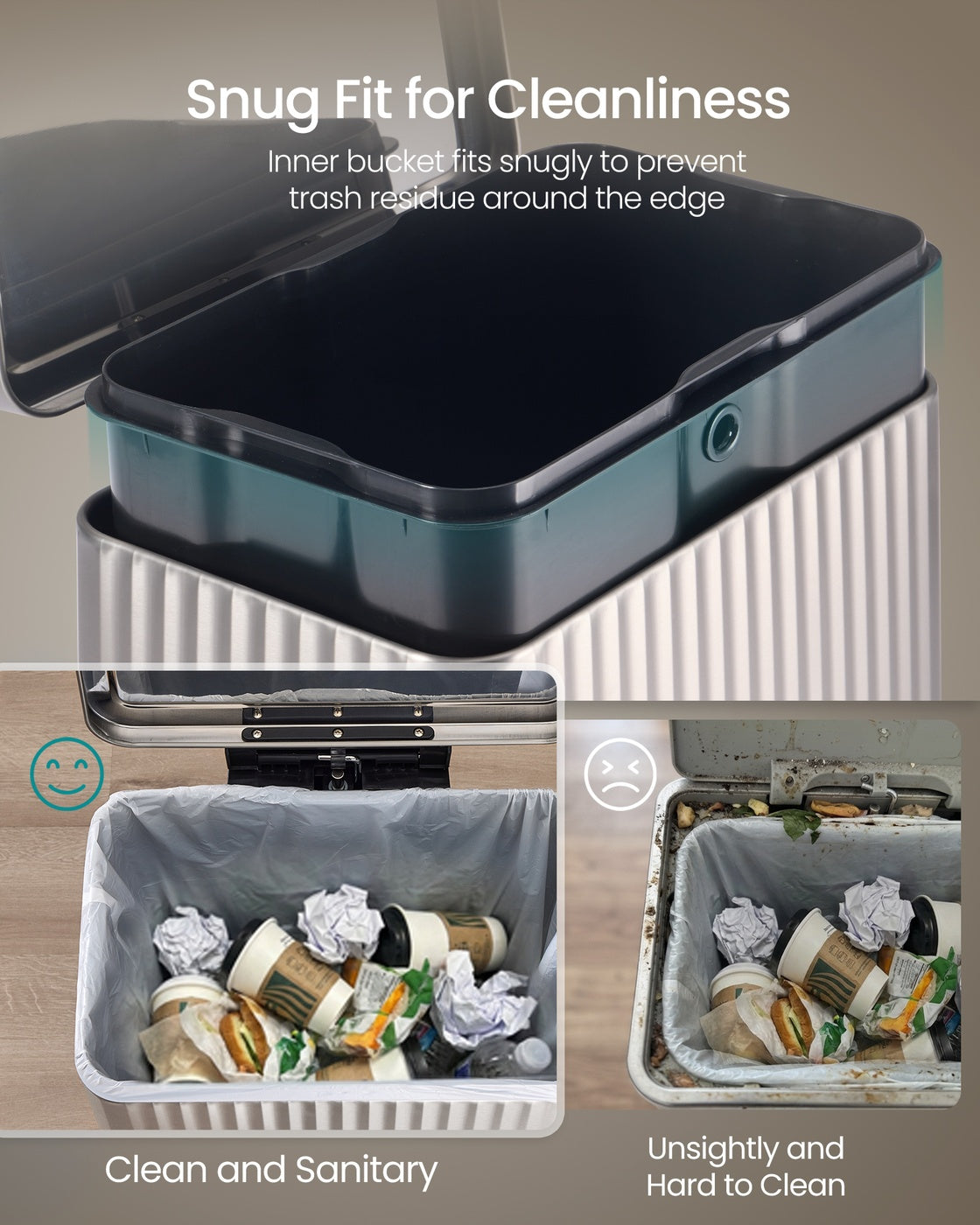 SONGMICS 50 L Stainless Steel Garbage Can with Lid and Removable Inner Bucket Metallic Silver