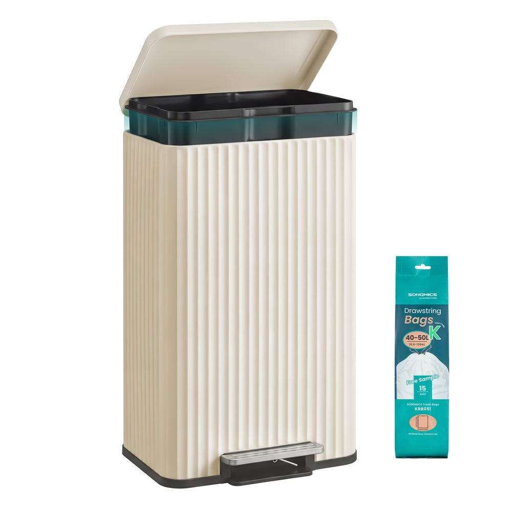 SONGMICS 50 L Stainless Steel Garbage Can with Lid and Removable Inner Bucket Cream White