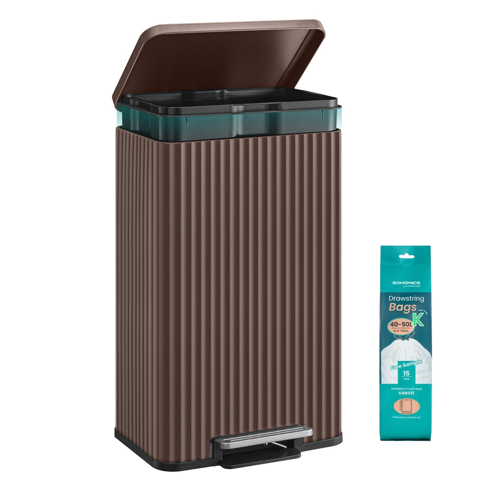 SONGMICS 50 L Stainless Steel Garbage Can with Lid and Removable Inner Bucket Brown