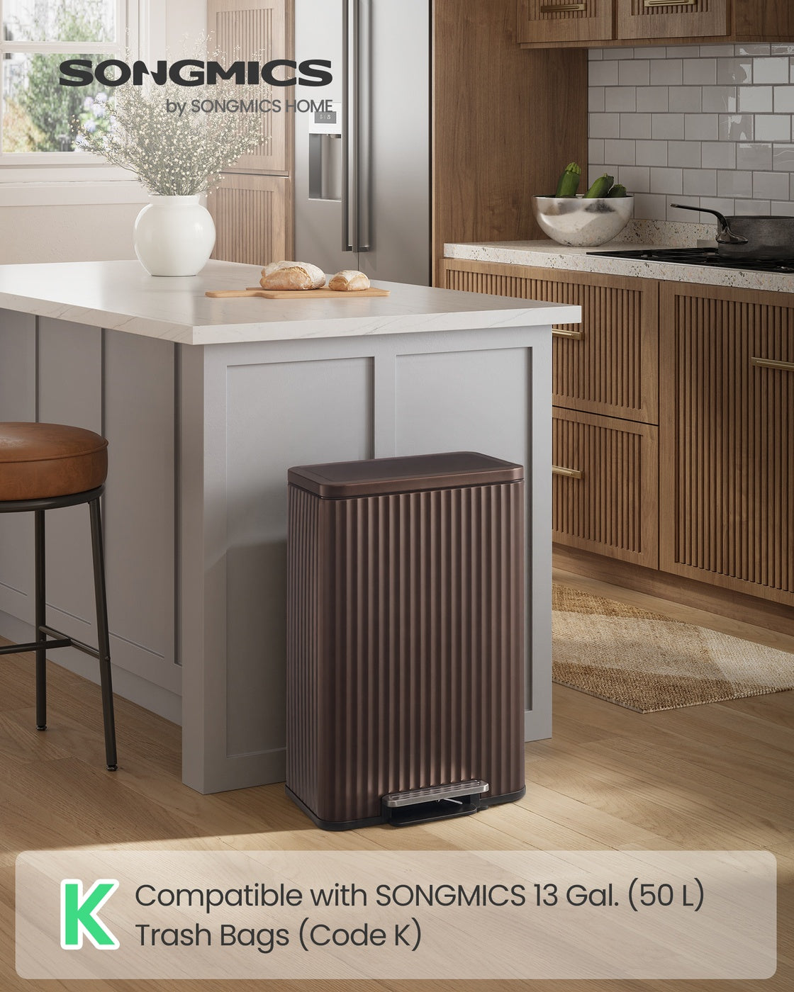 SONGMICS 50 L Stainless Steel Garbage Can with Lid and Removable Inner Bucket Brown