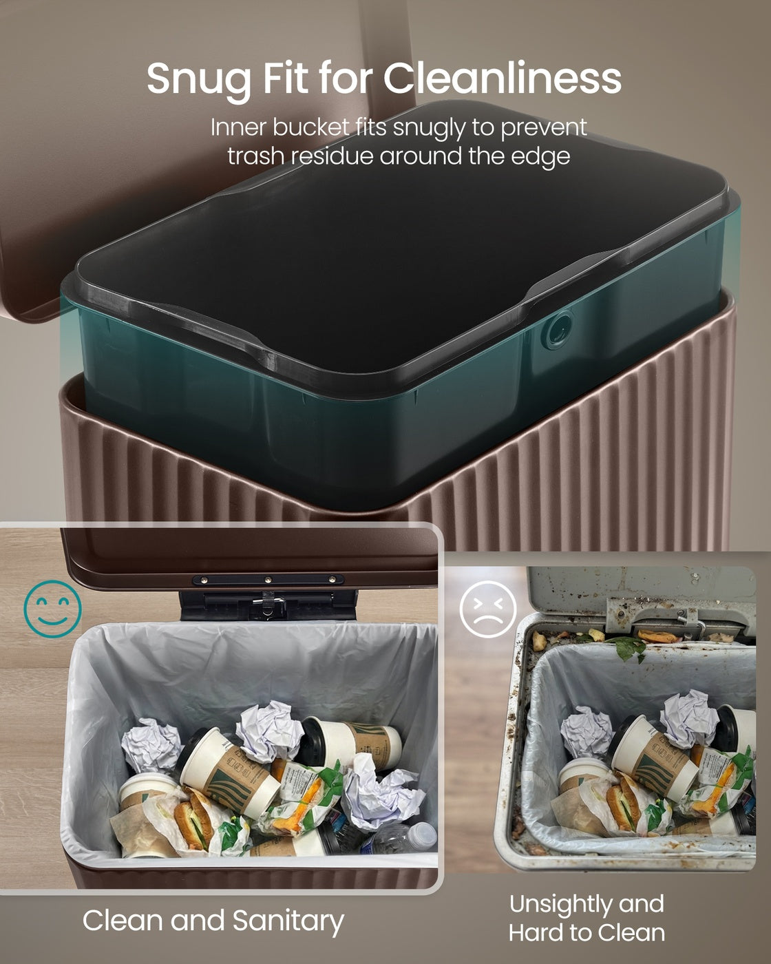 SONGMICS 50 L Stainless Steel Garbage Can with Lid and Removable Inner Bucket Brown