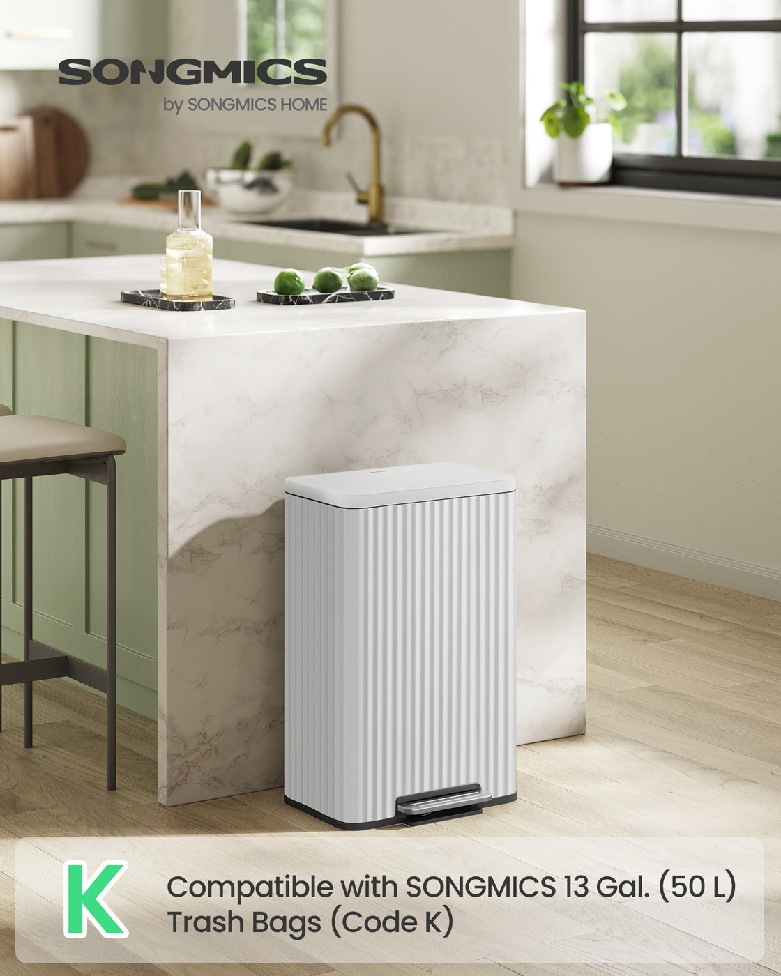SONGMICS 50 L Stainless Steel Garbage Can with Lid and Removable Inner Bucket Cloud White
