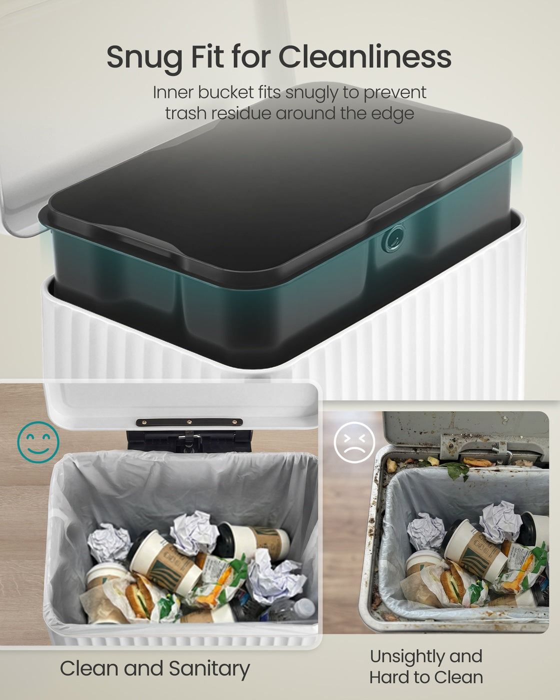 SONGMICS 50 L Stainless Steel Garbage Can with Lid and Removable Inner Bucket Cloud White