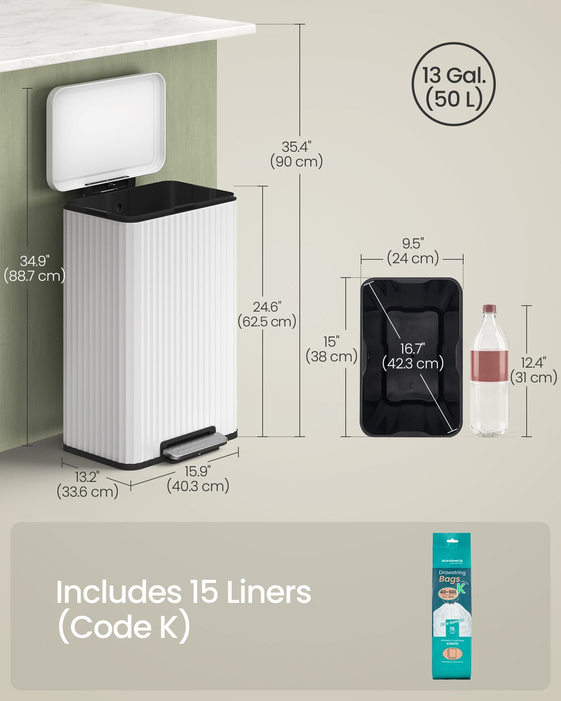 SONGMICS 50 L Stainless Steel Garbage Can with Lid and Removable Inner Bucket Cloud White