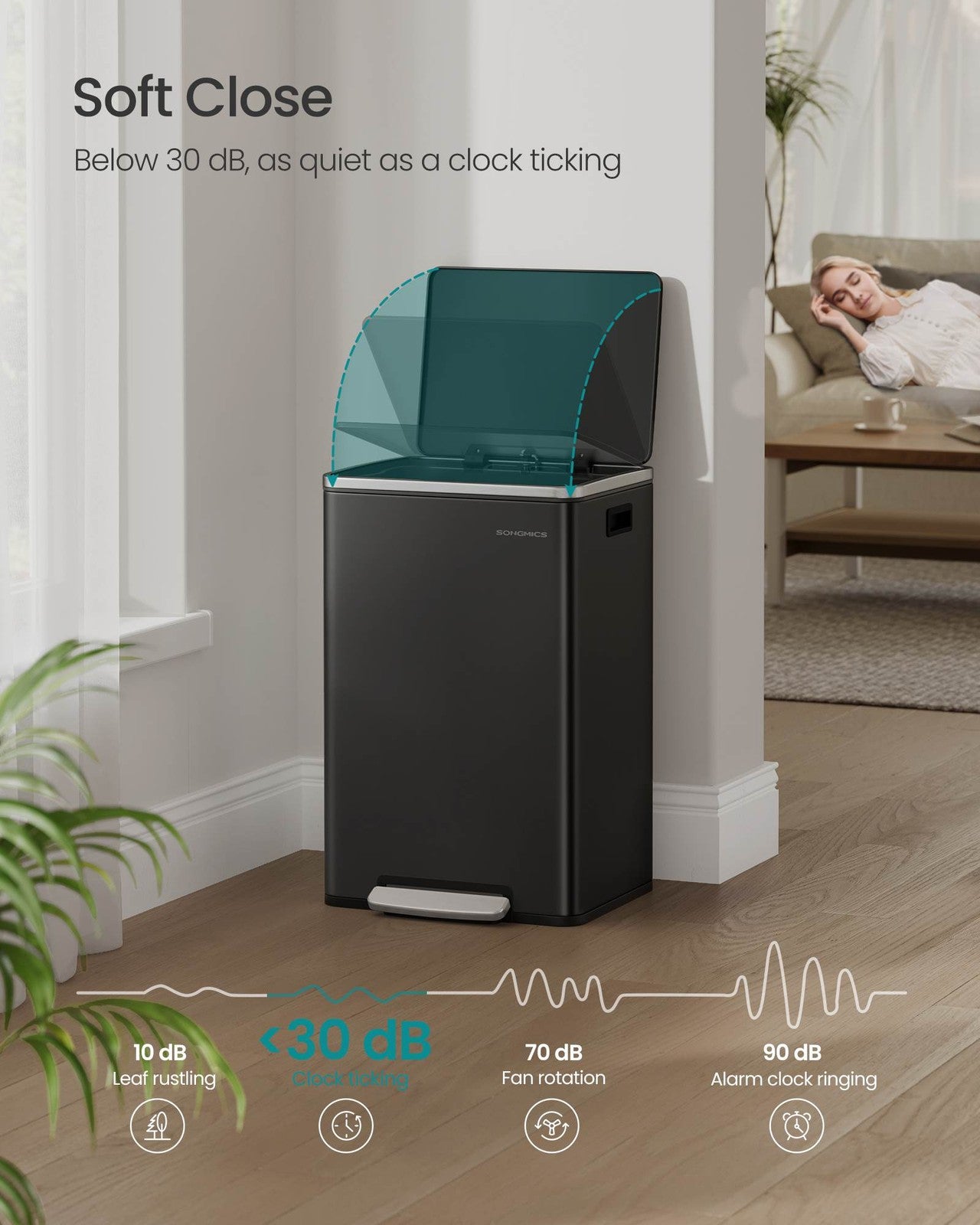 SONGMICS 13-Gallon Trash Can with Soft-Close Lid – Ink Black