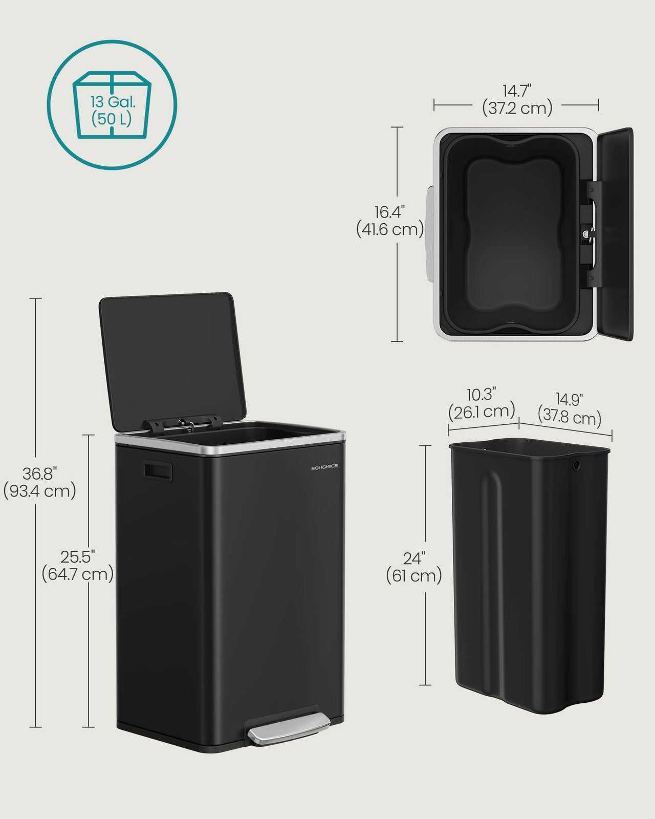 SONGMICS 13-Gallon Trash Can with Soft-Close Lid – Ink Black