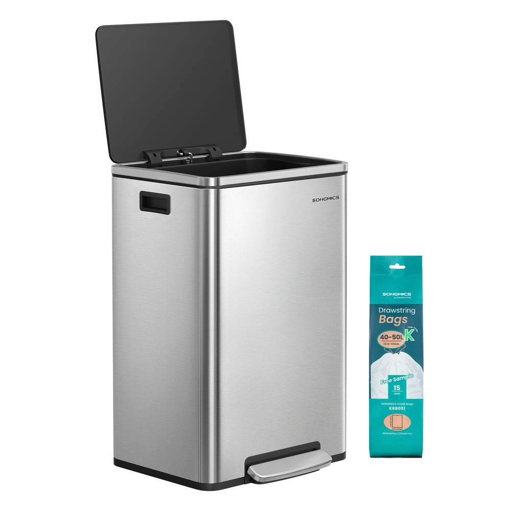 SONGMICS 13-Gallon Trash Can with Soft-Close Lid – Silver