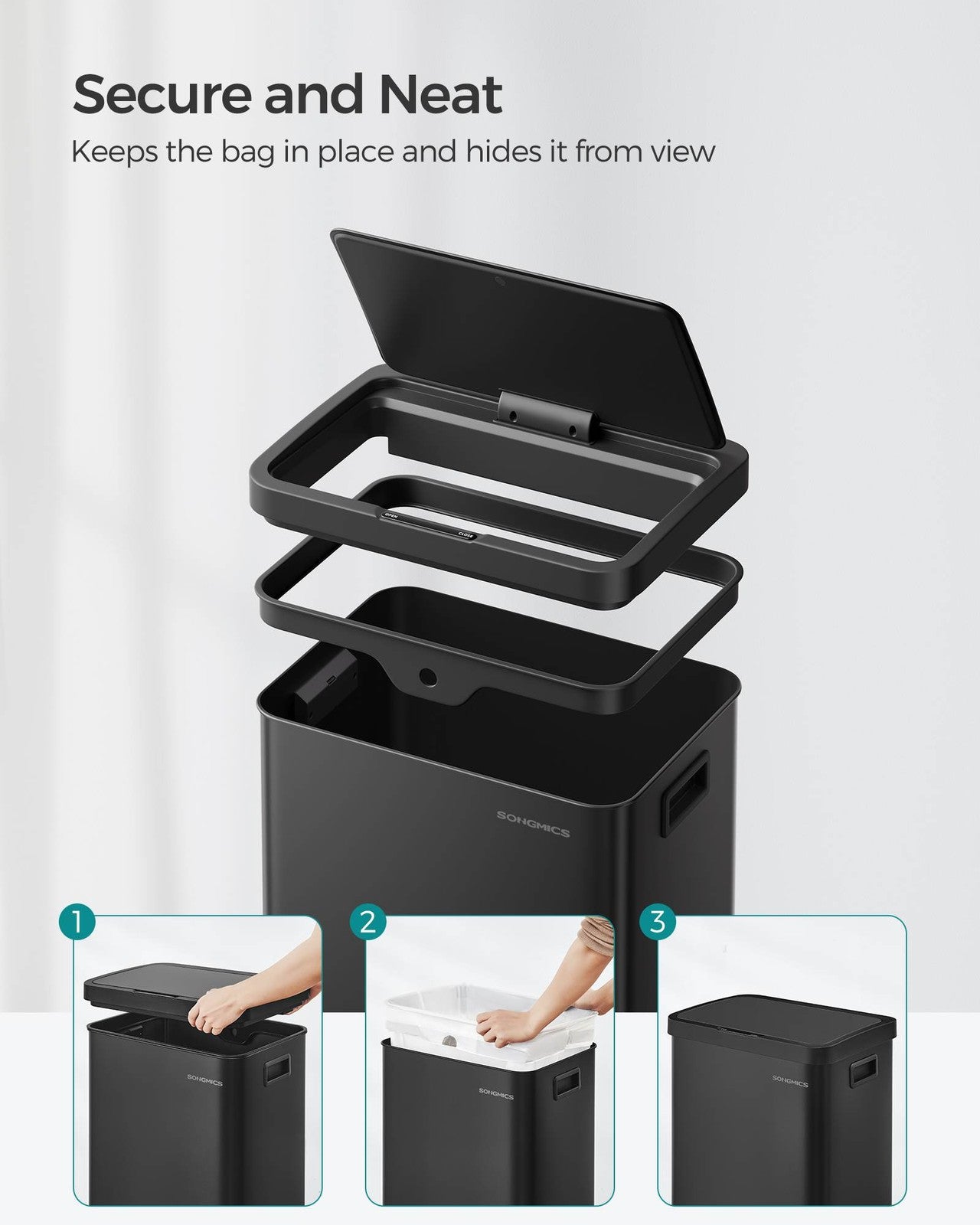 SONGMICS 18-Gallon (68L) Automatic Kitchen Garbage Can with Stay-Open Lid – Ink Black