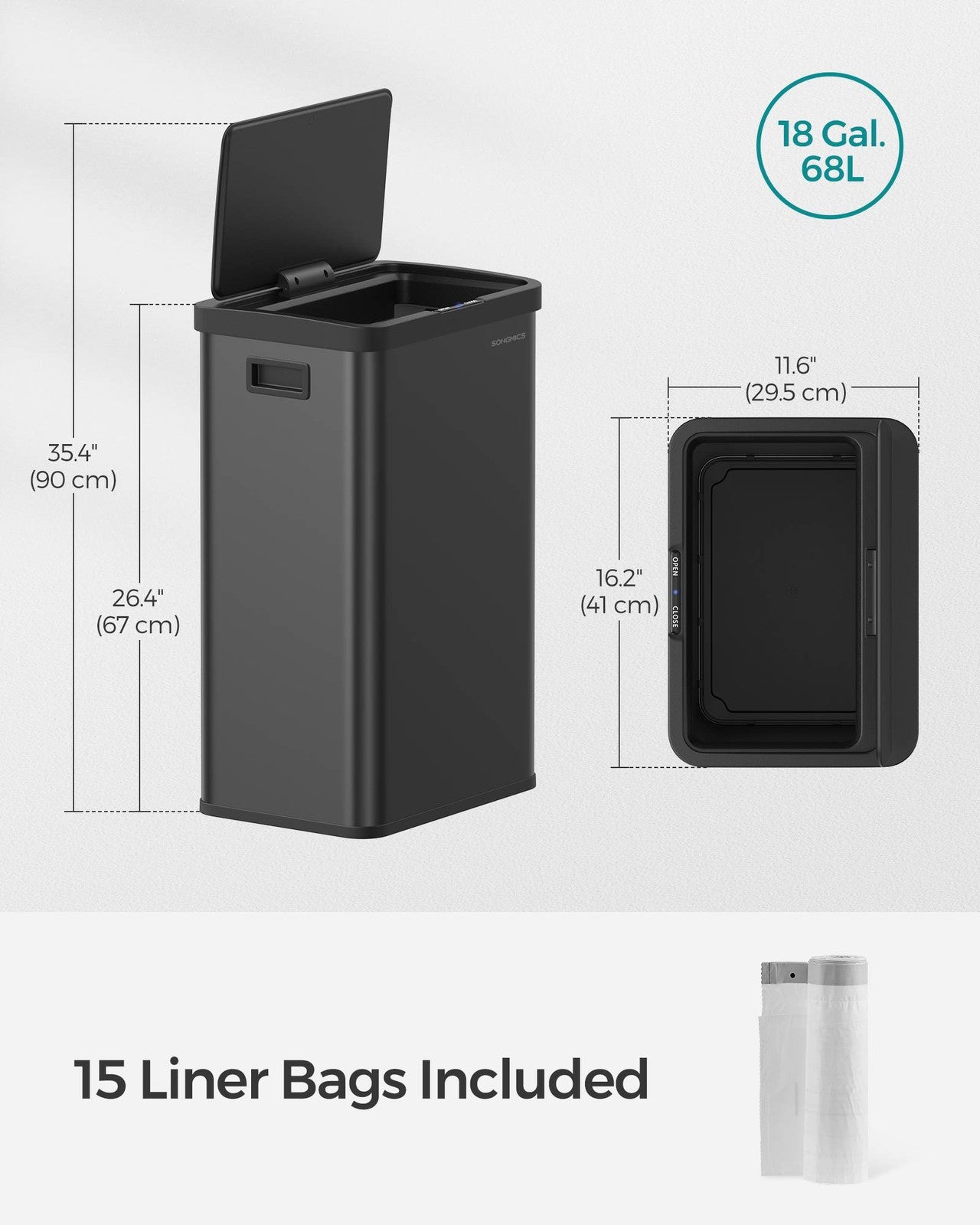 SONGMICS 18-Gallon (68L) Automatic Kitchen Garbage Can with Stay-Open Lid – Ink Black