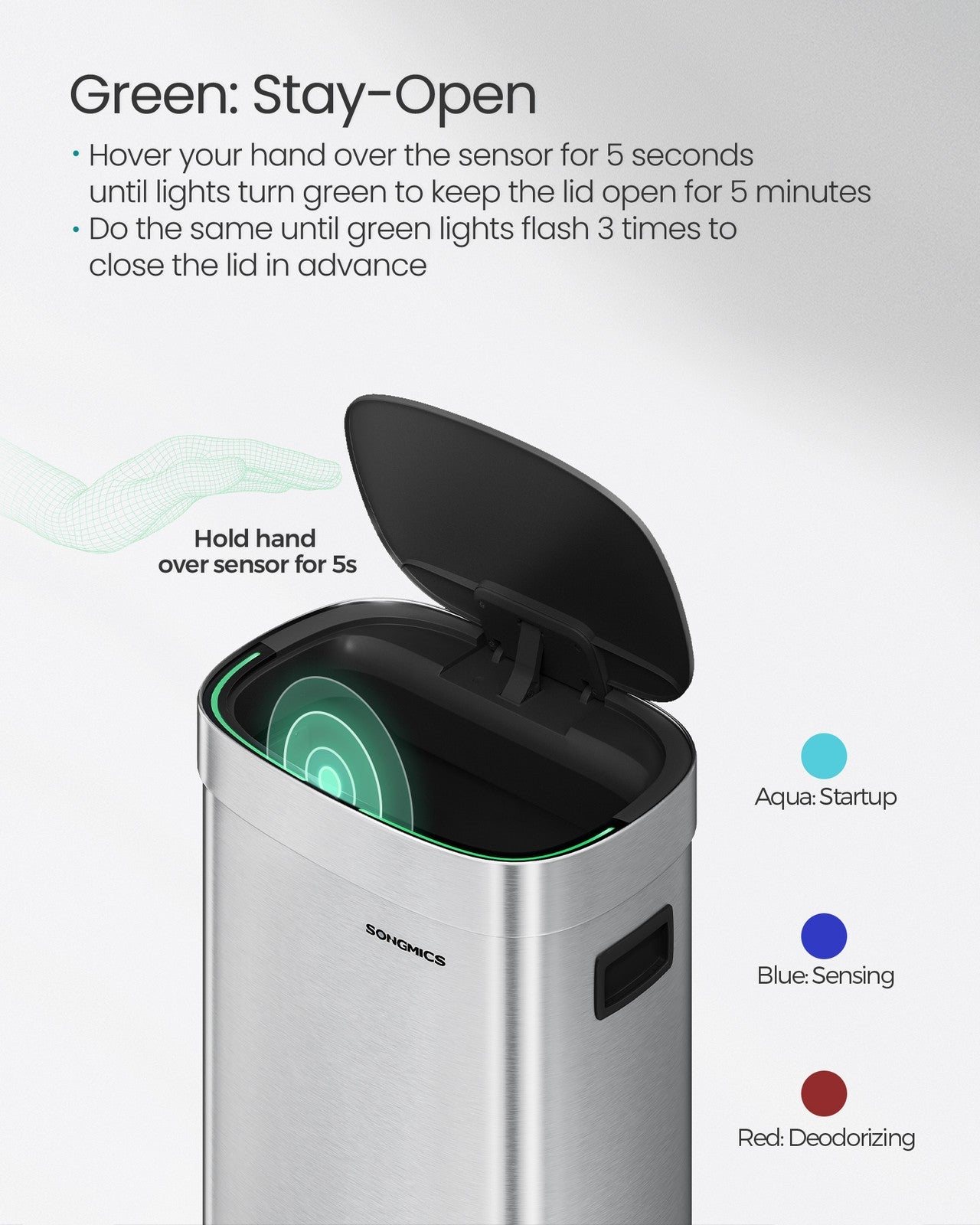 SONGMICS Kitchen Trash Can, 17.2-Gallon (65 L) Motion Sensor Garbage Can, Stainless Steel Trash Bin – Metallic Silver