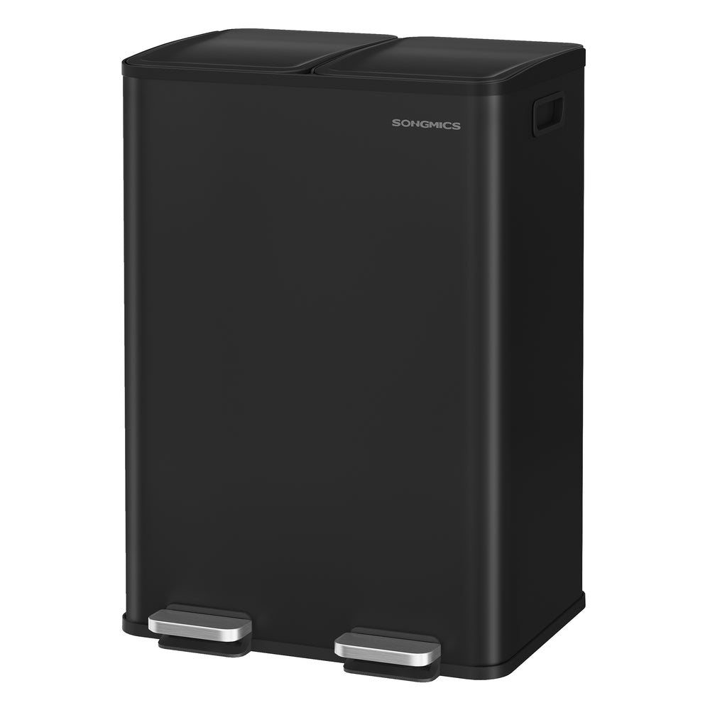 SONGMICS 2×30L Dual Compartment Trash Can, Soft-Close, Pedal, Removable Buckets, Stainless Steel – Ink Black