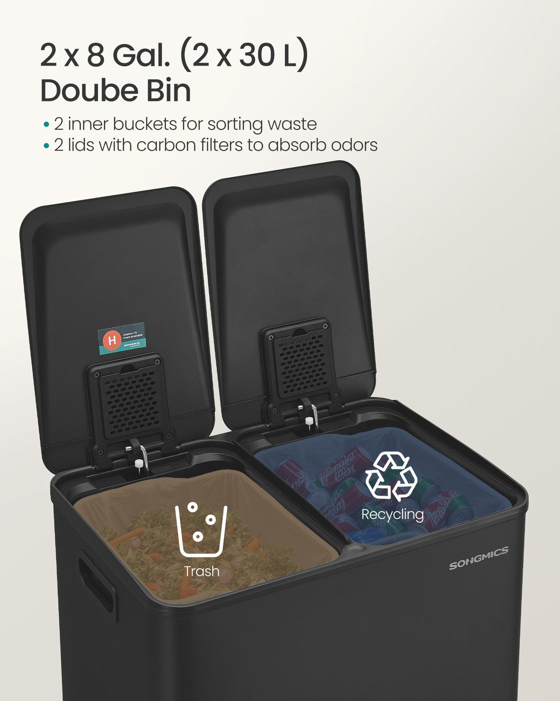 SONGMICS 2×30L Dual Compartment Trash Can, Soft-Close, Pedal, Removable Buckets, Stainless Steel – Ink Black