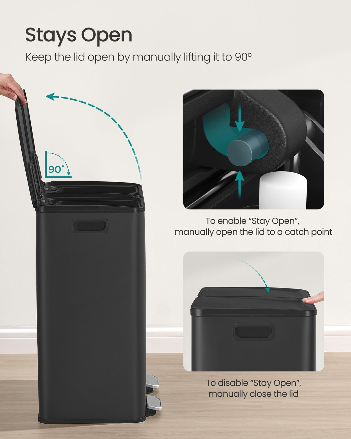 SONGMICS 2×30L Dual Compartment Trash Can, Soft-Close, Pedal, Removable Buckets, Stainless Steel – Ink Black