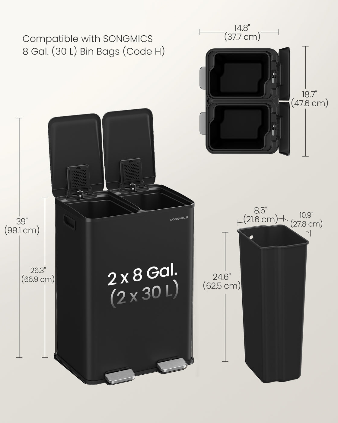 SONGMICS 2×30L Dual Compartment Trash Can, Soft-Close, Pedal, Removable Buckets, Stainless Steel – Ink Black