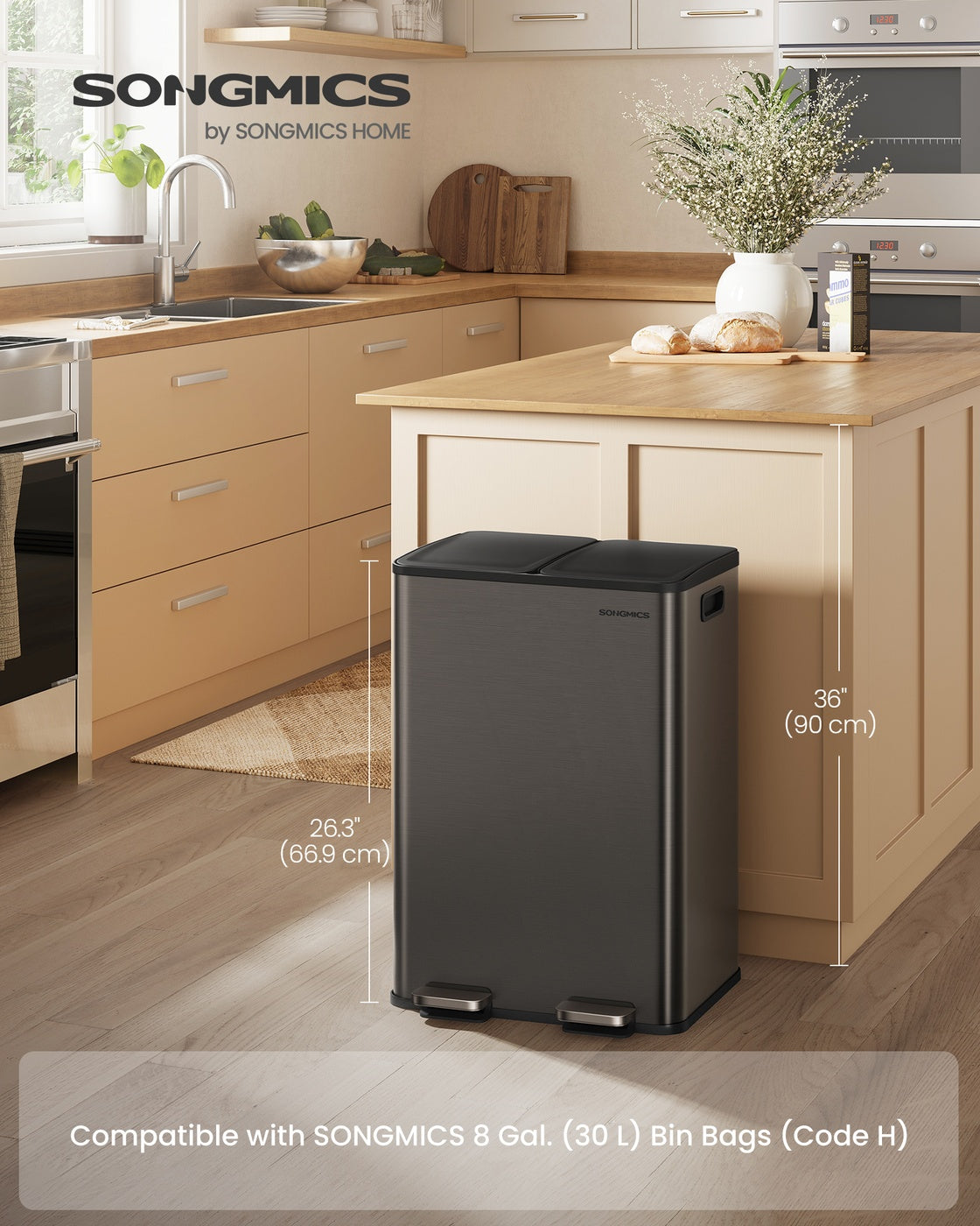 SONGMICS 2×8 Gal (2×30L) Dual Trash Can, Soft-Close, Pedal, Stainless Steel, Gray – Slate Gray
