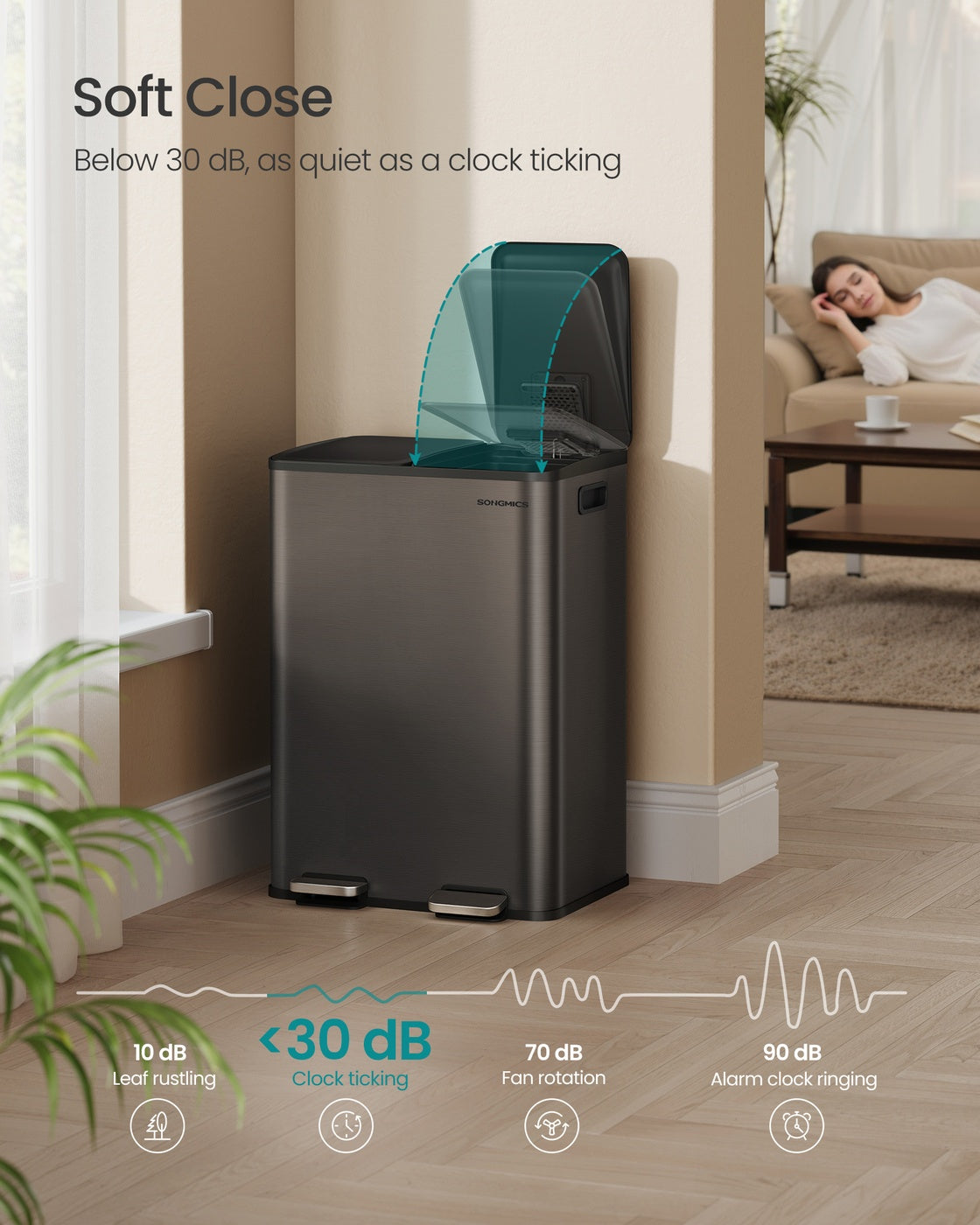 SONGMICS 2×8 Gal (2×30L) Dual Trash Can, Soft-Close, Pedal, Stainless Steel, Gray – Slate Gray