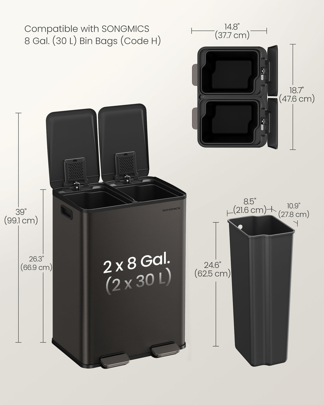 SONGMICS 2×8 Gal (2×30L) Dual Trash Can, Soft-Close, Pedal, Stainless Steel, Gray – Slate Gray