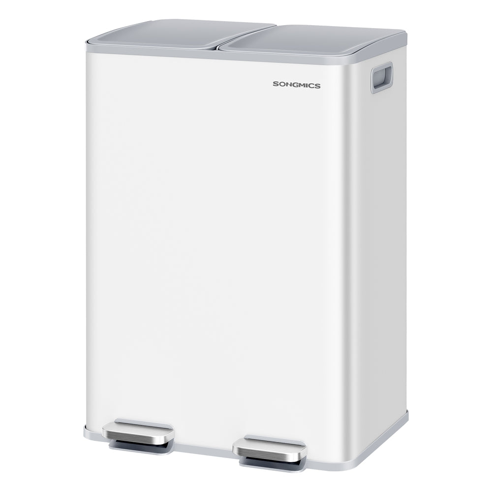 SONGMICS 2×8 Gallon (2×30L) Dual Trash Can, Soft-Close, Pedal, Removable Buckets, White – Matte White