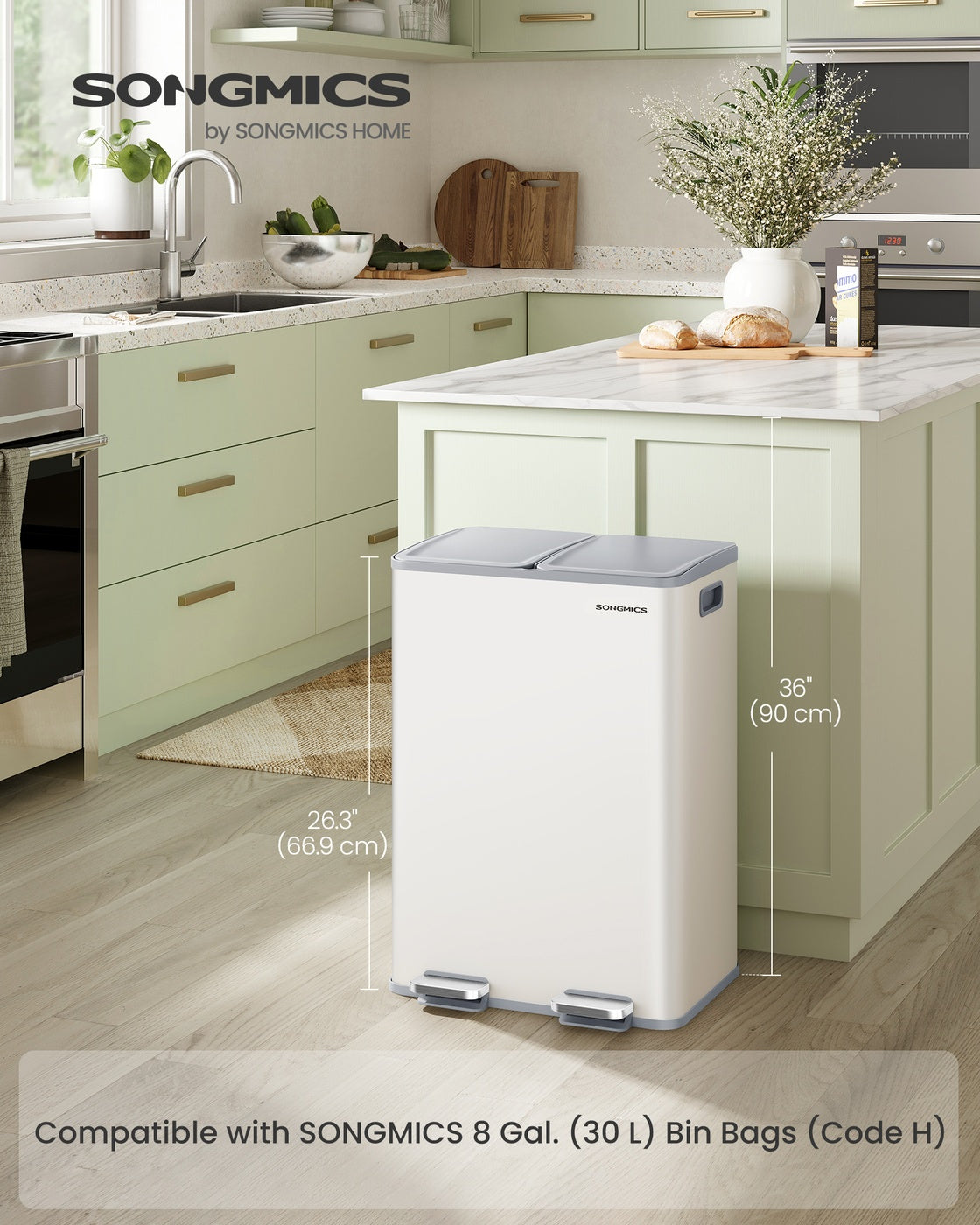 SONGMICS 2×8 Gallon (2×30L) Dual Trash Can, Soft-Close, Pedal, Removable Buckets, White – Matte White