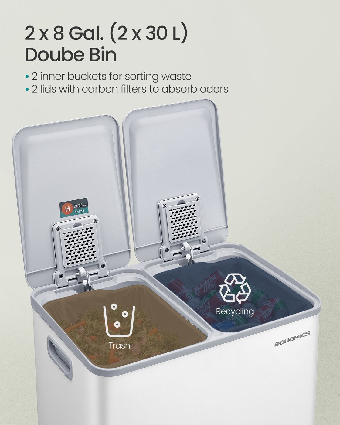 SONGMICS 2×8 Gallon (2×30L) Dual Trash Can, Soft-Close, Pedal, Removable Buckets, White – Matte White