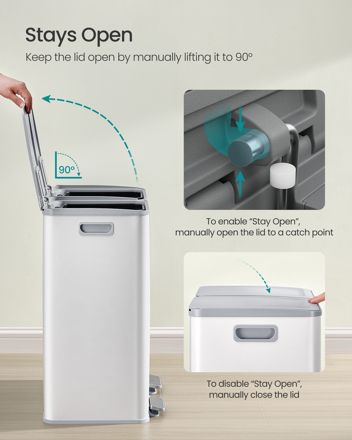 SONGMICS 2×8 Gallon (2×30L) Dual Trash Can, Soft-Close, Pedal, Removable Buckets, White – Matte White