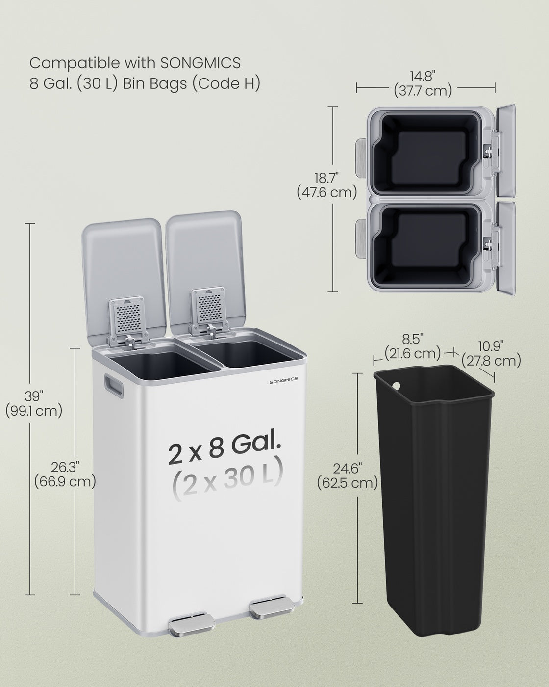 SONGMICS 2×8 Gallon (2×30L) Dual Trash Can, Soft-Close, Pedal, Removable Buckets, White – Matte White