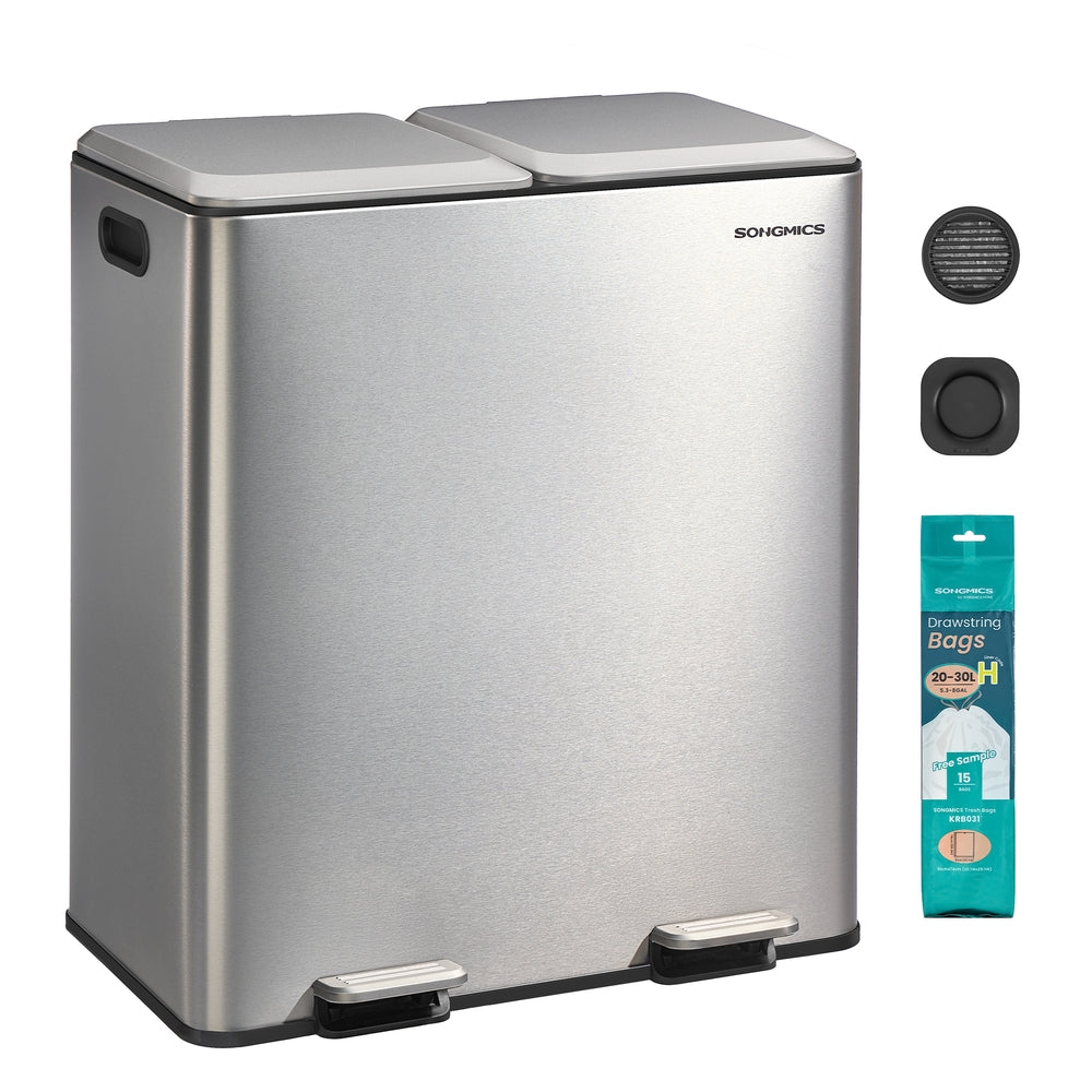 SONGMICS 2 X 30 L Double Garbage Can with Soft-Close Lids and Removable Inner Buckets Metallic Silver